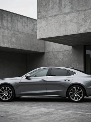 Sleek metallic grey executive sedan parked in front of minimalist concrete architecture, overcast daylight, sharp reflections, high contrast, 35mm photography