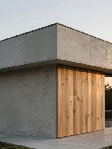 Interior corner of a modern residence showing precise material transitions between polished concrete and raw oak, soft golden hour window light, architectural photography