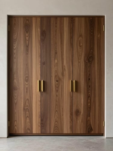 Bespoke floor-to-ceiling walnut wardrobe integrated seamlessly into a plaster wall, detailed brass hardware, minimalist architectural photography.
