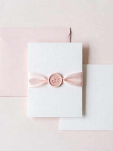 Portrait image of a delicate wedding invitation suite in pale pink and white, with a wax seal and silk ribbon, soft natural light, minimalist composition, generous negative space.