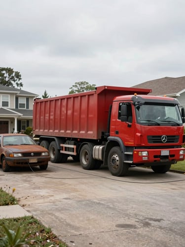 Wide environmental shot of a red hauling truck parked in a residential driveway in natural overcast daylight, winch cable extended toward a rusted sedan, full truck and full driveway visible, matter-of-fact documentary framing