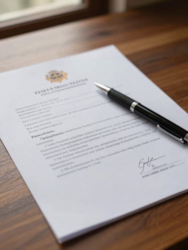 Close-up of a Balinese legal document spread on a wooden desk under soft north-facing window light, a pen resting diagonally across the page, paper texture visible