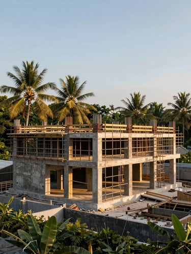 Wide shot of an unfinished Bali villa construction site at golden hour, scaffolding and exposed concrete columns visible, no workers present, lush palm trees framing the background, long horizontal composition