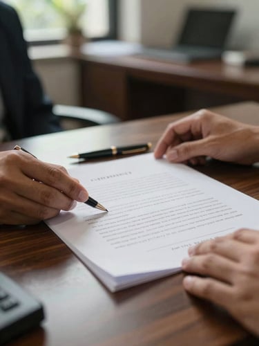 Close-up of hands turning pages of a legal contract on a dark wooden desk, natural north-facing office light casting soft shadows, a pen resting beside the document, Bali office interior visible softly out of focus in the background