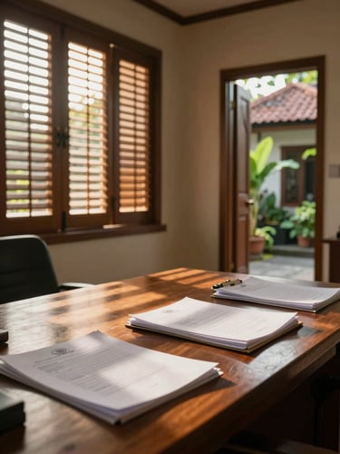 Wide environmental shot of a Balinese office interior at dusk, warm north-facing daylight through louvred shutters casting long parallel shadows across a teak desk with open legal documents, lush courtyard visible through a narrow doorway to the right, no people present