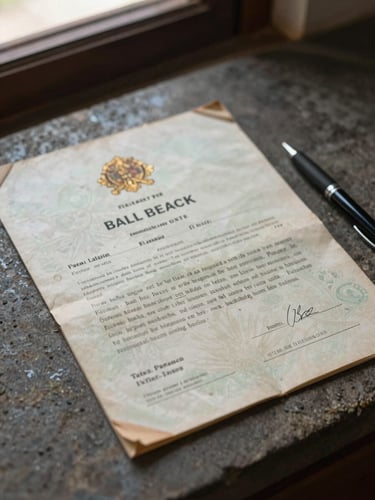 Close-up of a weathered Balinese land title document resting on a stone surface, natural sidelight from a nearby window casting soft shadows, a pen beside it, no people, documentary detail