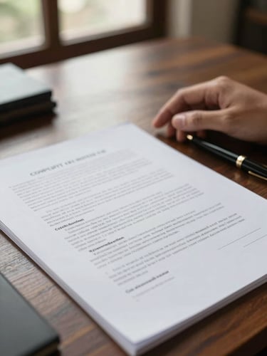 Close-up of open legal documents on a dark wood desk in a Bali office, a hand resting beside a pen, warm natural sidelight from a window, shallow depth of field, contract clauses softly visible