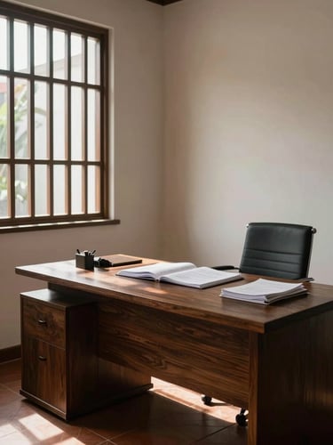 Wide interior shot of a minimal Bali law office, warm north-facing daylight falling across a dark wood desk with open legal documents, terracotta floor tiles visible, framed by a louvred window, no people