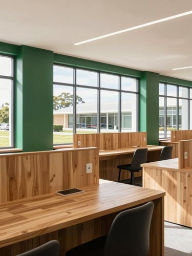 Bright architectural interior photography of Kaitaia Digital Hub, natural daylight streaming through large windows onto warm wood desks, modern clean design with deep green accents, 35mm.