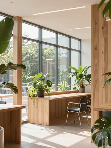 Bright architectural photography of a modern wooden co-working space, natural daylight streaming through large windows, native green plants framing the clean interior, 35mm