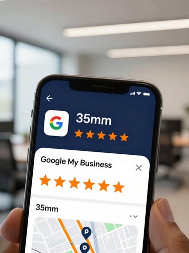 Close-up of a mobile screen displaying a verified Google My Business profile with active map directions and high star ratings, clean corporate tech photography, 35mm