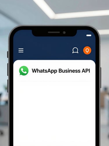 Close-up of a modern mobile screen displaying a verified WhatsApp Business API interface, clean workspace in Mohali with soft blue ambient light, 35mm