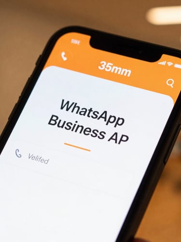 Close-up of a modern mobile screen displaying a clean verified WhatsApp Business API interface, warm amber-orange accent lighting, shallow depth of field, 35mm