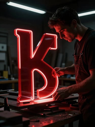 A craftsman bending a thick red acrylic letter over a heated element in a dark workshop, dramatic neon glow, high contrast, 35mm lens.