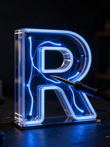 Close-up dramatic macro photograph of a soldering iron wiring intense electric blue LED strips inside a fabricated 3D acrylic letter, deep shadows, dark workshop background.