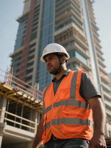 Dynamic low-angle shot of a focused construction worker in clean high-vis orange vest and white safety helmet on an active Dubai high-rise site, bright direct daylight, sharp industrial photography