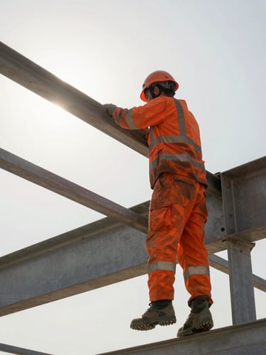 Low-angle sharp industrial photography of a focused construction worker in clean orange safety gear and helmet working on a structural steel frame in Dubai, bright direct sunlight, high-contrast.