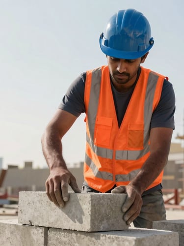 Dynamic low-angle medium shot of a focused South Asian construction worker in clean high-vis orange vest and blue safety helmet, carefully laying concrete blocks on a Dubai site, bright sunlight, 35mm.