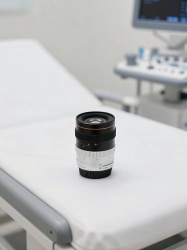Close-up of an advanced ultrasound transducer on a clean white diagnostic table, soft clinical light, 50mm lens, shallow depth of field.