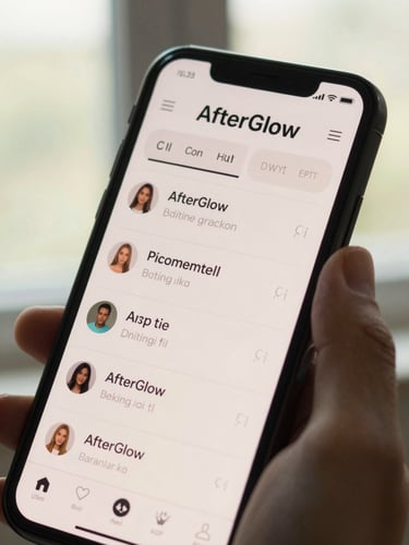 Close-up of a smartphone screen showing the AfterGlow dating app interface — soft cream UI, minimal type, a conversation thread partially visible — held in a hand against a bright north-facing window, natural Indonesian daylight, shallow depth of field, right-edge bleed composition
