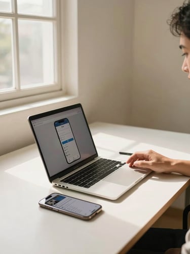 Wide shot of a quiet studio workspace in Bogor, Indonesia — a desk with an open laptop and phone showing a mobile app interface, natural north-facing window light falling across the surface, a hand resting near the keyboard, warm cream walls in the background, unhurried and purposeful