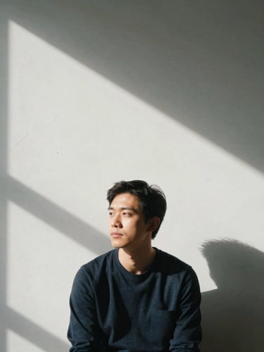 A quiet environmental portrait of a creative professional looking away, harsh sunlight creating high-contrast shadows on a minimalist plaster wall, generous negative space.