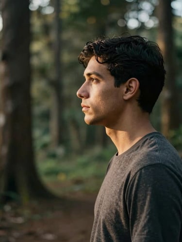 Retrato sutil de um fotógrafo de perfil em meio à natureza, luz suave de fim de tarde filtrada pelas árvores, tom cinematográfico e grão sutil.