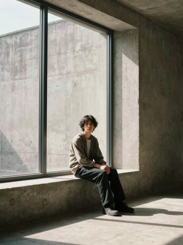 Wide environmental portrait of a person sitting quietly near a large concrete window, harsh direct sunlight casting deep geometric shadows, minimalist architecture, warm tones.