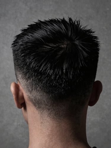 Macro crop of sharp hair fade, high-contrast studio lighting, monochromatic tones with deep blacks, sharp focus, empty clean concrete background