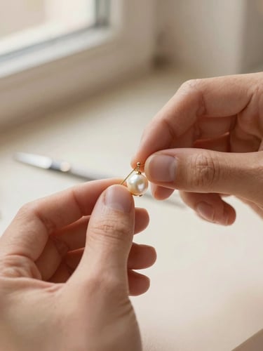 Close-up macro shot of delicate artisan hands, bathed in soft side window light, meticulously assembling a brushed gold earring with a freshwater pearl, tools and tiny components visible on a cream workbench, shallow depth of field, warm editorial photography.