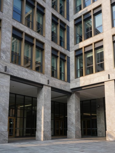 Architectural wide angle of a modern medical research campus facade with clean stone pillars, dramatic afternoon sunlight, editorial corporate photography