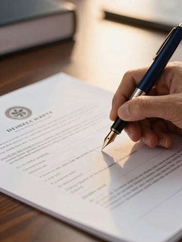Macro shot of a fountain pen signing official medical college allocation documents on a dark oak desk, warm gold lighting, sharp focus