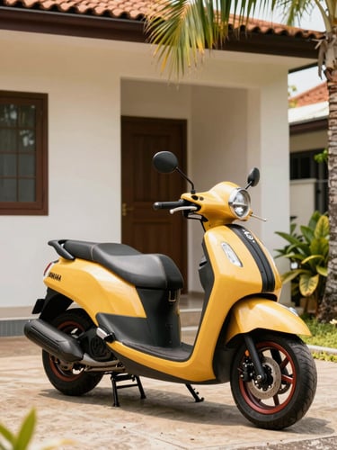Vibrant editorial photography of a brand new Yamaha Fazzio scooter in warm tropical daylight, parked neatly in front of a clean modern home, 35mm lens