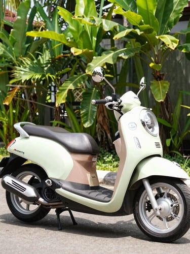Bright tropical daylight 35mm photograph of a brand new pastel-colored Honda Scoopy motorcycle parked on a clean paved driveway in Indonesia, lush green foliage in the background