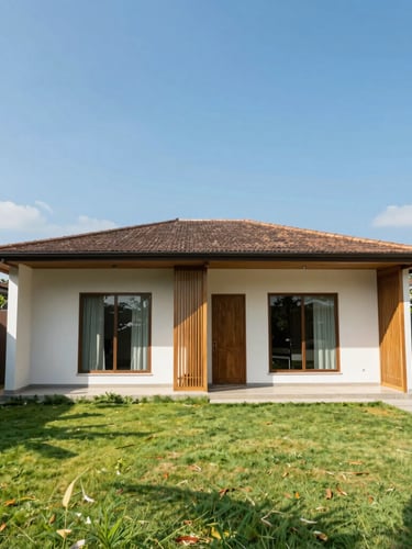 Wide-angle architectural shot of a modern minimalist rental house in Indonesia, bright natural daylight, clean green lawn, clear blue sky