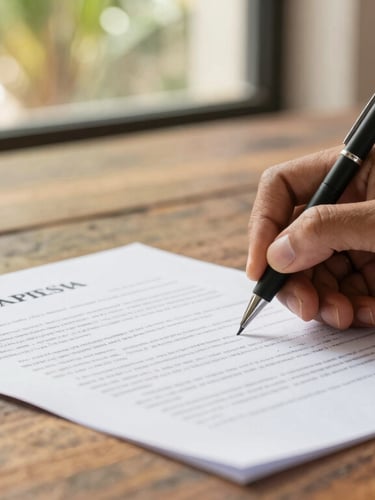 A close-up shot of a hand signing a clean legal document on a rustic wooden table, warm tropical sunlight filtering through a window, professional atmosphere.