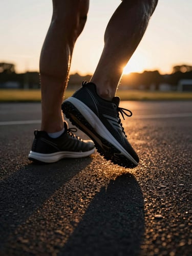 Dynamic close-up of a runner's athletic shoe striking the asphalt during golden hour sunrise, dramatic motion blur, high contrast athletic tones, 35mm lens