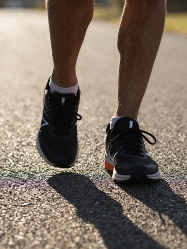 Dynamic close-up athletic shot of running shoes striking the asphalt road, morning light, high contrast athletic tones, action shot