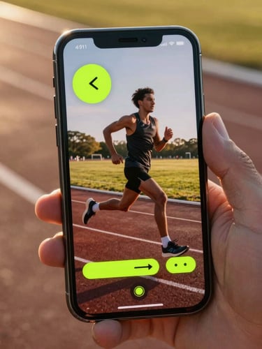Close-up of a modern smartphone screen displaying a running pace chart with neon lime accents, held by a runner on an asphalt track during golden hour morning light, dynamic sports photography