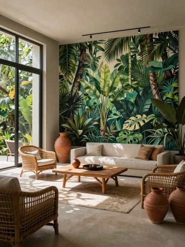 Environmental shot of a jungle-facing Tulum suite interior, a large-format botanical canvas dominating the far wall, dappled green light filtering through floor-to-ceiling sliding doors, rattan furniture and terracotta vessels grounding the room, wide angle showing the full living space, soft natural midday light