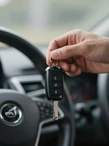 Close-up of a hand handing over shiny car keys to another person, clean modern car dashboard in soft focus background
