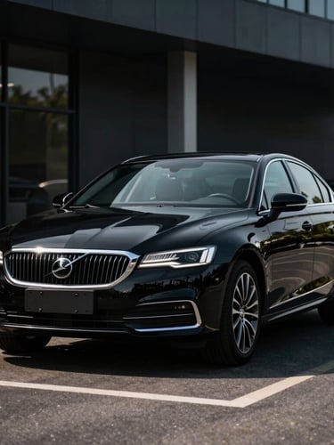 3/4 front-angle shot of a pristine black sedan parked in a modern corporate lot, high-contrast dramatic lighting highlighting the vehicle contours, dark background.