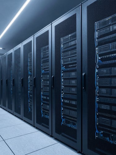 Wide-angle architectural shot of a modern high-tech server room with cool-toned blue lighting and clean cabling, sharp focus, 35mm