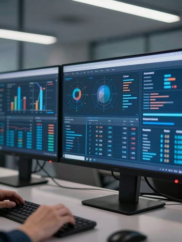 Close-up of a developer analyzing complex data visualizations on high-resolution screens in a cool-toned architectural office, 35mm