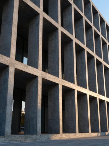 Wide-angle architectural photography of a modern concrete and steel building facade, dramatic golden hour shadows, crisp structural lines, 35mm