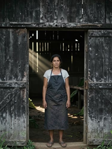 An environmental portrait of a female farmer standing in the doorway of a dark timber tobacco barn, shafts of low golden light piercing the wooden slats, desaturated tones.