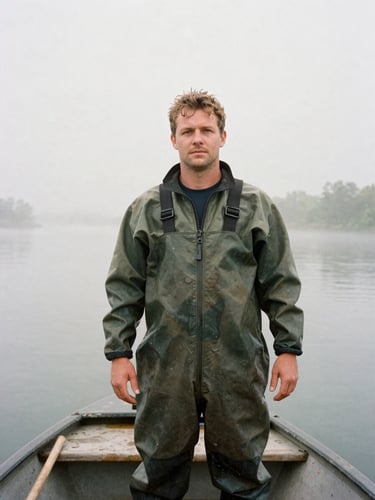 A medium environmental portrait of a Maryland waterman in oilskins on his boat, background of misty river, soft overcast daylight, documentary film style.