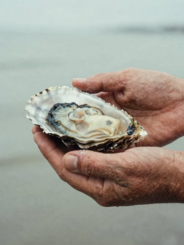 Close-up of a waterman's weather-worn hands holding an oyster shell, salt-crusted skin, natural overcast light, desaturated earth tones, 35mm film.
