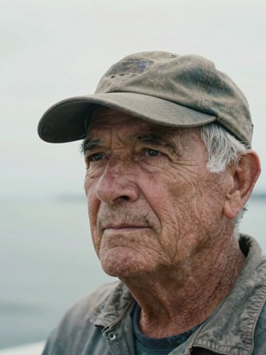 A close-up environmental portrait of an elderly Maryland waterman in a weathered canvas cap, looking off-camera with a quiet expression, soft overcast morning light, desaturated earth tones.