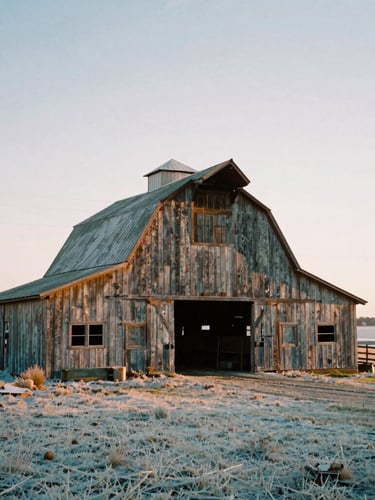 Large-format portrait of a weathered tobacco barn in a winter freeze, low golden hour sun, soft desaturated earth tones, documentary film photography, 35mm lens
